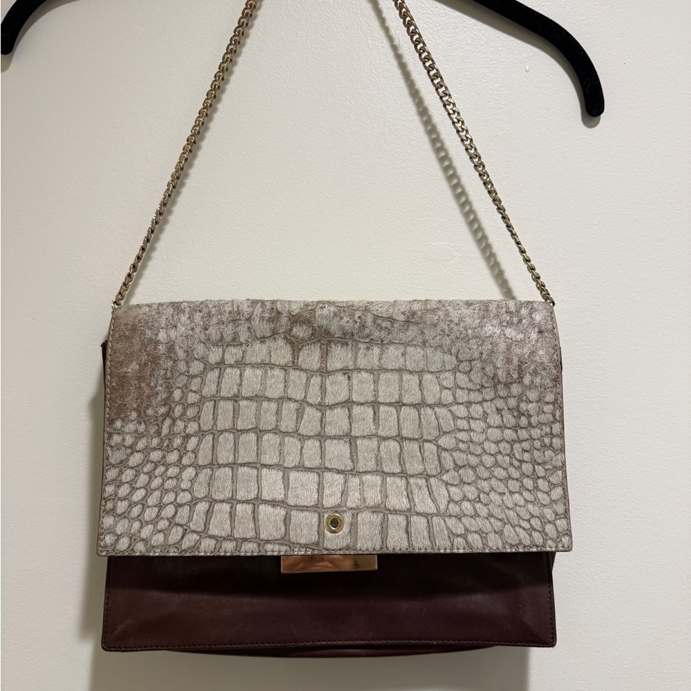 Vince Camuto Tan and Brown Croc-Embossed Shoulder Bag